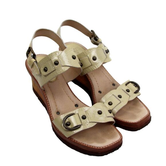 Frye CRINKLE BEIGE REAL LEATHER OPEN TOE 2.5" HEEL WOOD WEDGE SLINGBACK SHOES 8M - Picture 2 of 11